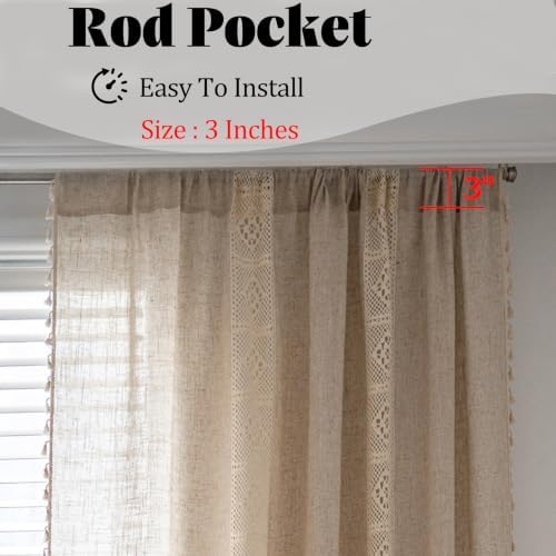 Sutuo Home Boho Curtains for Bedroom Nursery, Bohemian Semi-Blackout Geometric Crochet Hollow Lace Patchwork with Textured Linen Fabric Farmhouse Tassels Rod Pocket Window Drapes, 59"W x 72"L, 1 Panel