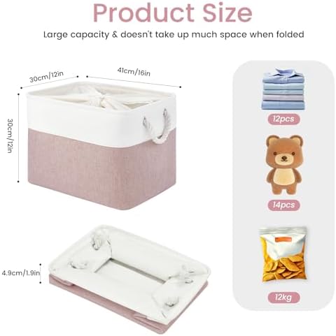 16x12x12 In Foldable Fabric Large Storage Bins with Handle 3 Pack | Storage Basket with Draw String Top, Sturdy Metal Strand, Cardboard Support Molding, for Shelf, Closet, Bedroom, White/Pink