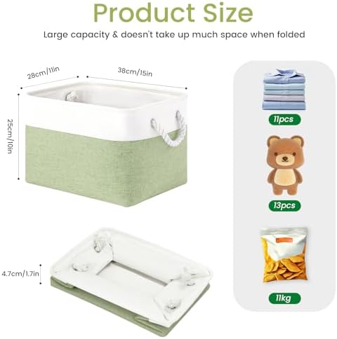 15x11x10 In Foldable Fabric Large Storage Bins with Handle 6 Pack | Organizer Baskets, Sturdy Metal Strand, Cardboard Support Molding, Storage Baskets for Shelves, Closet, Bedroom, White/Green