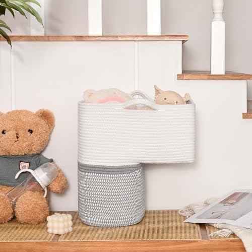Woven Stair Basket, Stair Baskets for Wooden Stairs, Carpeted Stairs Storage Basket with Handles, Staircase Baskets for Toys, Books, Gray, 15” L x 10” W x 15” H