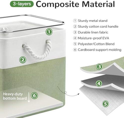 13x13 Inch Foldable Fabric Cube Storage Bins with Handles 6 Pack | Sturdy Metal Strand, Cardboard Support Molding, Storage Basket, Cube Storage Bin for Shelves, Closet, Bedroom, White/Green