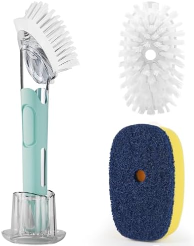 RIMAY Dish Brush Set with Soap Dispenser, 2 Refills and Storage Holder | Soap Dispensing Dish Brush dish scrubber with handle for Cleaning Dishes, Pans, Sink, Pots, Blue