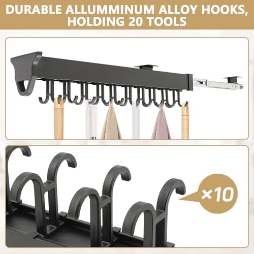 Pull-Out Mop and Broom Holder Slide Broom Closet Organizer Sliding Garage Storage Rack with 20 Adjustable Hooks, 22 in Wall Mount Sliding Organizer Rack for Closet, Kitchen, Laundry