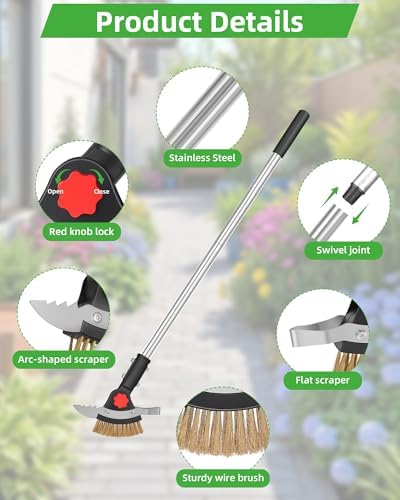 3-in-1 Crack Weeder Long Handle, Adjustable Crevice Weeding Tool with Stainless Steel Weed Brush and 2 Scrapers Weed Puller Tool for Driveway, Sidewalk, Lawn to Remove Weeds Moss Dirt (58.6")