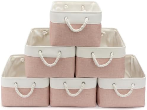15.7x11.8x8.26 Inch Fabric Large Storage Bins with Handles 6 Pack | Foldable, Sturdy Metal Strand, Cardboard Support Molding, Fabric Storage Baskets for Shelves, Closet, Bedroom, White/Pink