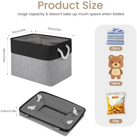 16x12x12 In Foldable Fabric Large Storage Bins with Handle 1 Pack | Storage Basket with Draw String Top, Sturdy Metal Strand, Cardboard Support Molding, for Shelf, Closet, Bedroom, Black/Gray