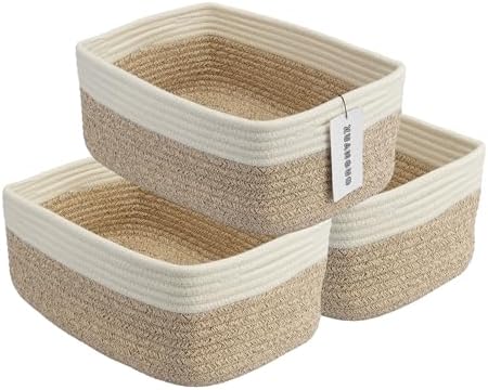 XUANGUO Small Woven Storage Baskets for Shelves, 13" x 9" x 5", White/Brown | Decorative rope storage bins for closets and toy storage; cute organizer baskets, empty gift baskets and nursery storage.