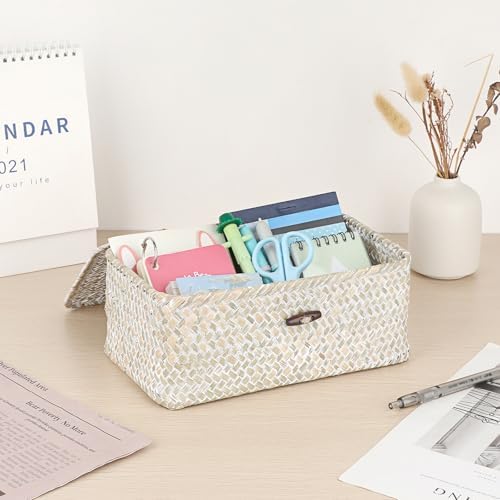 Sumnacon Wicker Basket with Lid,Tampon Holder for Bathroom,Whitewash,XS | Natural Seagrass Female Product Organizer for Toiletries Pad Tampon Storage,Farmhouse Woven Baskets for Shelf, Toilet Tank