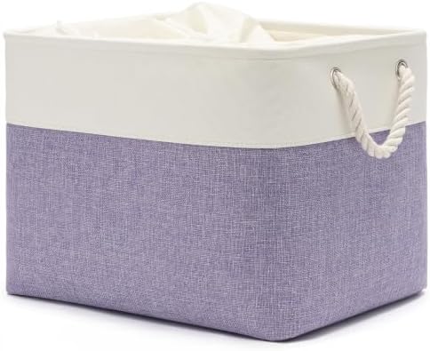 16x12x12 In Foldable Fabric Large Storage Bins with Handle 1 Pack | Storage Basket with Draw String Top, Sturdy Metal Strand, Cardboard Support Molding, for Shelf, Closet, Bedroom, White/Purple