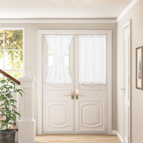 White Linen Door Short Curtains 40 Inch Length for Front French Door | Rod Pocket, Sidelight Drapes, Semi Sheer Light Filtering Privacy, Farmhouse Curtain, 2 Panels, W25xL40, Farmhouse Rustic