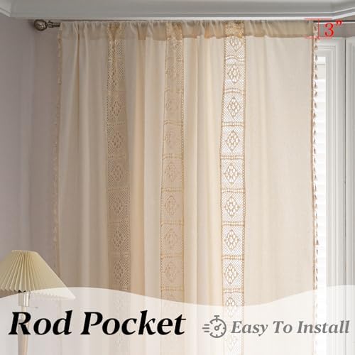 Sutuo Home Boho Curtain Crochet Lace Patchwork Semi-Blackout Bohemian Handmade Tassels, Rod Pocket Window Treatment Vintage Rustic Farmhouse Drapes for Bedroom, 1 Panel 59" W x 96" L, Beige