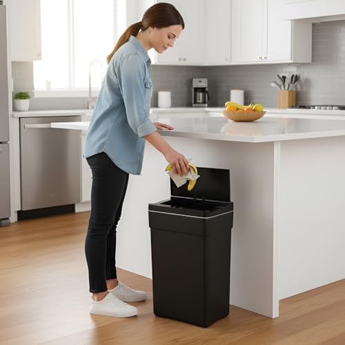 PayLessHere | 13 Gallon Plastic Trash Can with Lid | Black | Automatic Touchless Garbage Can | Waterproof & Easy to Clean | For Kitchen, Bathroom, Home or Office | Pack of 3