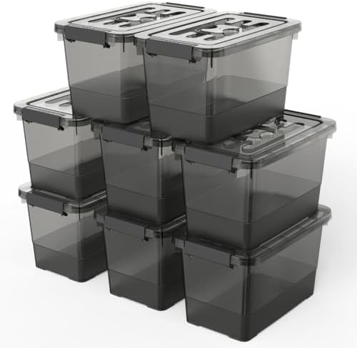 8-Pack Clear Black Plastic Storage Bins with Lids/Handles, 7 Quart Latch Organizer Boxes, Stackable Storage Containers for Organizing