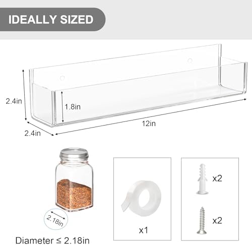 PMMASTO Adhesive Acrylic Spice Rack, Clear- 4 Pack with 2 Tapes | Acrylic Spice Rack Uses Double-Sided Adhesive Tape for Wall, Cabinet Door Or Pantry Door Storage