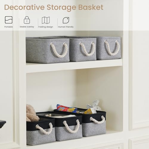 11.8x7.9x5.2 Inch Fabric Small Storage Bins with Handles 6 Pack | Foldable Storage Basket, Sturdy Metal Strand, Cardboard Support Molding, Small Baskets for Organizing, Shelves, Gray
