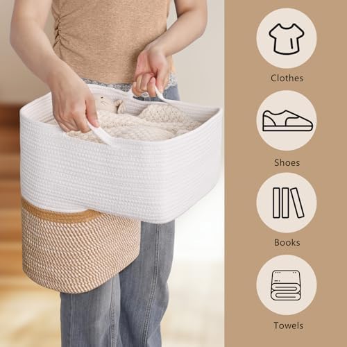 Woven Stair Basket, Stair Baskets for Wooden Stairs, Carpeted Stairs Storage Basket with Handles, Staircase Baskets for Toys, Books, Yellow, 15” L x 10” W x 15” H