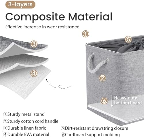 16x12x12 In Foldable Fabric Large Storage Bins with Handle 3 Pack | Storage Basket with Draw String Top, Sturdy Metal Strand, Cardboard Support Molding, for Shelf, Closet, Bedroom, Gray