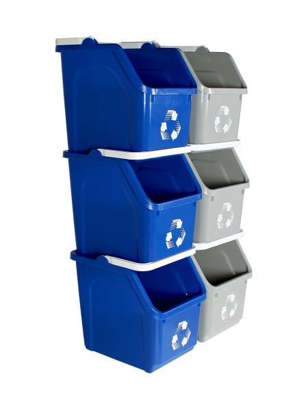 Multi Bin 6 Gallon Stackable Recycle Bins, Trash Can Kitchen Recycling Set | Recycling containers stackable design that saves floor space, while open-front bins with ergonomic handles ensure quick