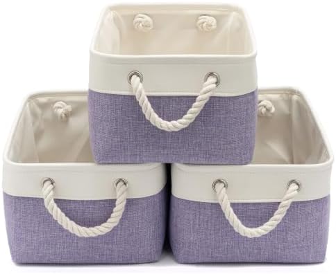 13.8x9.8x6.7 Inch Fabric Small Storage Bins with Handles 3 Pack | Foldable Storage Basket, Sturdy Metal Strand, Cardboard Support Molding, Small Baskets for Organizing, Shelves, White/Purple