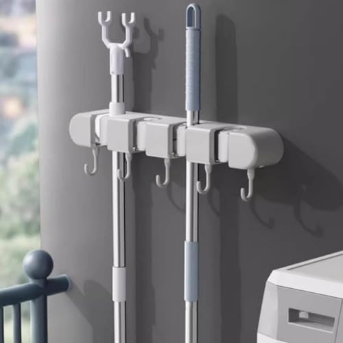 Wall Mounted Mop and Broom Holder, 4 Racks And 5 Hooks Vacuum Suction Cup Mop Holder, Stainless Steel & ABS Organizer for Kitchen, Bathroom, Garage, Laundry Room (Black)