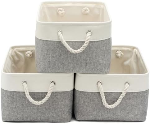 15.7x11.8x8.26 Inch Fabric Large Storage Bins with Handles 3 Pack | Foldable, Sturdy Metal Strand, Cardboard Support Molding, Fabric Storage Baskets for Shelves, Closet, Bedroom, White/Gray