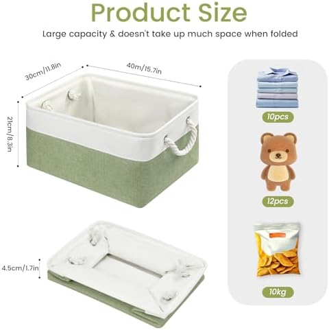 15.7x11.8x8.26 Inch Fabric Large Storage Bins with Handles 3 Pack | Foldable, Sturdy Metal Strand, Cardboard Support Molding, Fabric Storage Baskets for Shelves, Closet, Bedroom, White/Green
