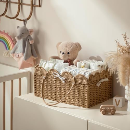 HBlife Large Baby Diaper Caddy, Paper Rope Scalloped Storage Baskets Nursery Bin with Removable Divider, Portable Car Organizer for Diapers, Baby Shower Gifts, Newborn Essentials Must Haves, Brown