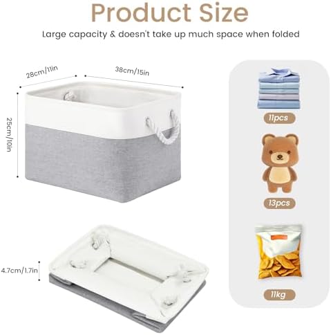 15x11x10 In Foldable Fabric Large Storage Bins with Handle 3 Pack | Organizer Baskets, Sturdy Metal Strand, Cardboard Support Molding, Storage Baskets for Shelves, Closet, Bedroom, White/Gray