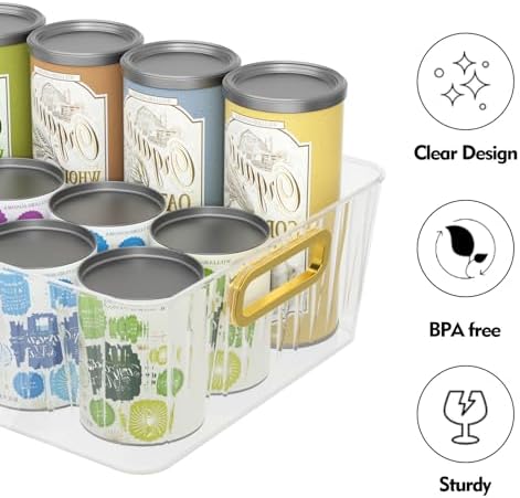 4 Packs Clear Plastic Storage Bin, Pantry Organizer Bin | Clear Containers With Built-in Handles, Multipurpose for Refrigerator, Kitchen, Freezer Organization