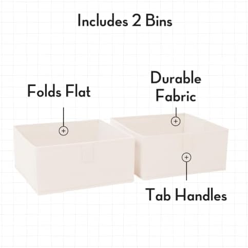 RiverRidge Folding Storage Bins - 2-pack of 5in Tall Cream Cubes | Fabric Bins, Set of 2 Storage Cubes, Pull-tab Handles, Playroom Closet Organizer, Collapsible Cubby with Bottom Board Insert