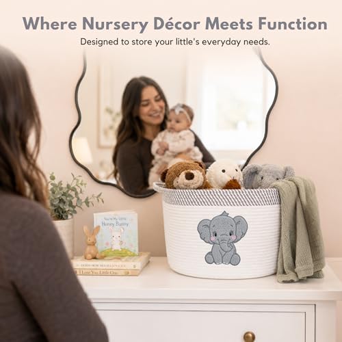 Elephant Baby Storage Basket, Woven Cotton Rope Nursery Bin, 15x11 in | Stuffed Animal and Blanket Storage, Soft Felt Elephant Patch, Neutral Baby Room Decor, Baby Shower, Kids Playroom Organizer