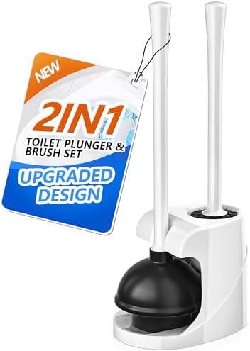 TRENTI Toilet Plunger and Brush with Holder, Bowl Brush and Heavy Duty Toilet Plunger Set for 5.7-inch Toilet Drain, 2-in-1 Bathroom Cleaning Combo with Modern Caddy Stand (White) | Toilet Plunger and Brush with Holder, Bowl Brush and Heavy Duty Toilet...