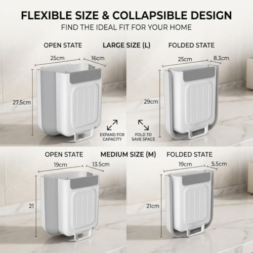 Foldable Kitchen Trash Can, Hanging Collapsible Trash Can，L,Grey | Multipurpose Wall-Mounted Folding Waste Bin, Space-Saving Expandable Garbage Basket Hangs on Cabinet Door for Food Prep Peels