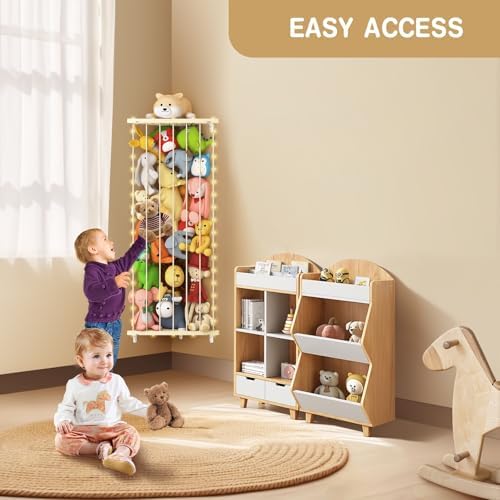 Stuffed Animal Storage Shelf Organizer(Patented) - Corner Stuffed Animal Holder Length Adjustable - Wall Plush Storage with Light for Nursery Playroom Bedroom Kids Room (Beige)