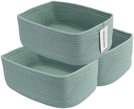XUANGUO Small Woven Storage Baskets for Shelves, 13" x 9" x 5", Green | Decorative rope storage bins for closets and toy storage; cute organizer baskets, empty gift baskets and nursery storage.