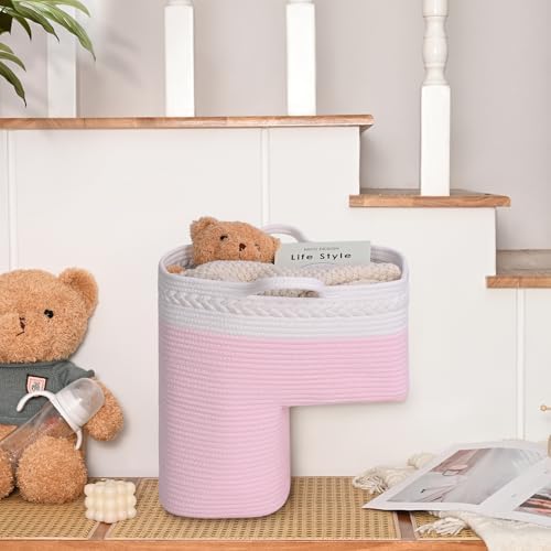 Stair Basket for Wooden & Carpeted Stairs, Foldable Cotton Rope Step Basket with Handles, Staircase Storage Organizer, Pink, 15" Lx 10" W x 15" H