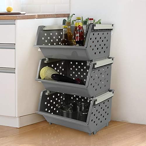 3-Pack Plastic Stackable Storage Bins, Multi-functional Basket, Grey | Stacking storage baskets, versatile open-front design for easy access to daily items