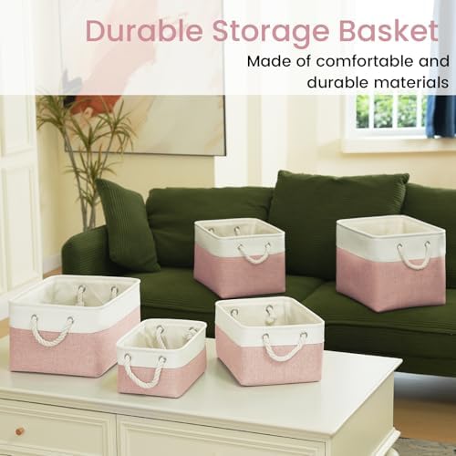 15.7x11.8x8.26 Inch Fabric Large Storage Bins with Handles 6 Pack | Foldable, Sturdy Metal Strand, Cardboard Support Molding, Fabric Storage Baskets for Shelves, Closet, Bedroom, White/Pink
