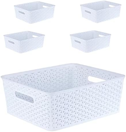 5PCS Plastic Storage Baskets, Small Baskets for Organizing, Small Pantry Organizer Basket Bins. For Countertops, Cabinets, Bedrooms, and Bathrooms Wait (White)