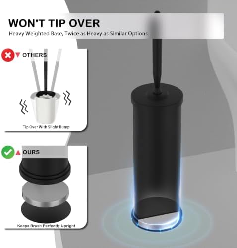 Stainless Steel Toilet Bowl Brush and Holder Set Scrubber Black | Weighted Stable Base Removable Inner Tube Toilet Bowl Brush Splash-Proof Design for Deep Cleaning Space Saving Storage
