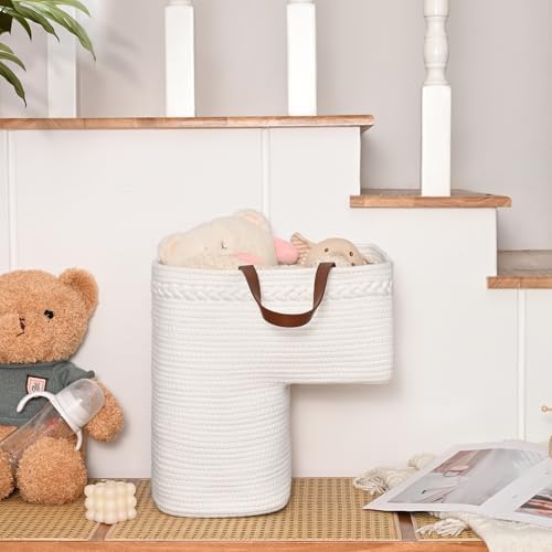 Woven Stair Basket, Stair Baskets for Wooden Stairs, Carpeted Stairs Storage Basket with Handles, Staircase Baskets for Toys, Books, Brown, 15” L x 10” W x 15” H