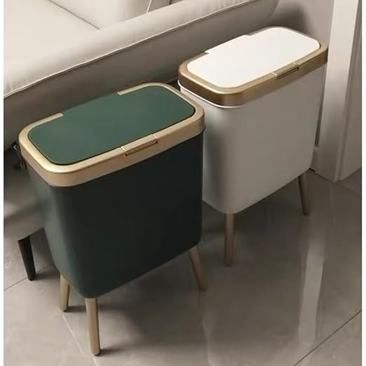 Office Trash Can with Lid, Bathroom Garbage can,4 Gallon Small Kitchen Trash Can with Gold Edge,Modern Green Trash Bin Waste Basket for Bedroom,Living Room, Toilet