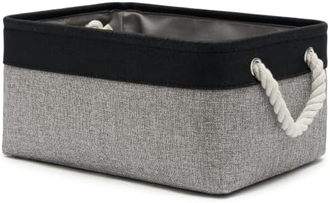 13.8x9.8x6.7 Inch Fabric Small Storage Bins with Handles 1 Pack | Foldable Storage Basket, Sturdy Metal Strand, Cardboard Support Molding, Small Baskets for Organizing, Shelves, Black/Gray