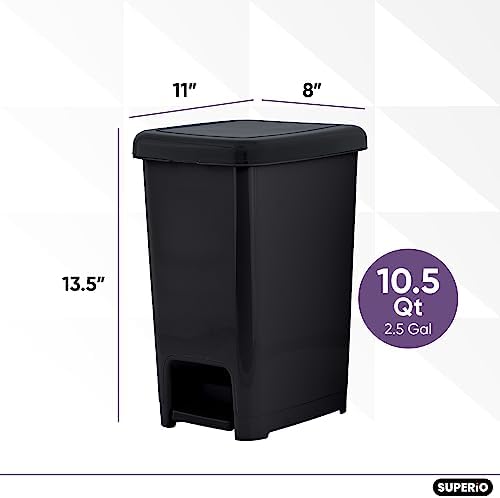 Superio Slim Step On Pedal Plastic Trash Can, Waste Bin for Under Desk, Office, Bedroom, Bathroom, Kitchen (2.5 gal) (Black)