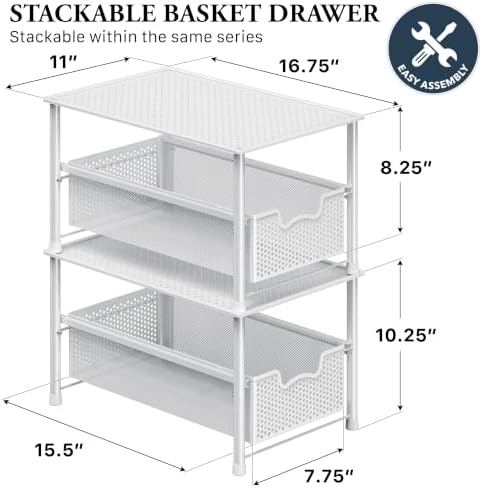 Simple Houseware Stackable Under Sink Sliding Basket Drawer, White | Perforated Free Standing Organizer, Kitchen/Pantry/Cabinet/Counter