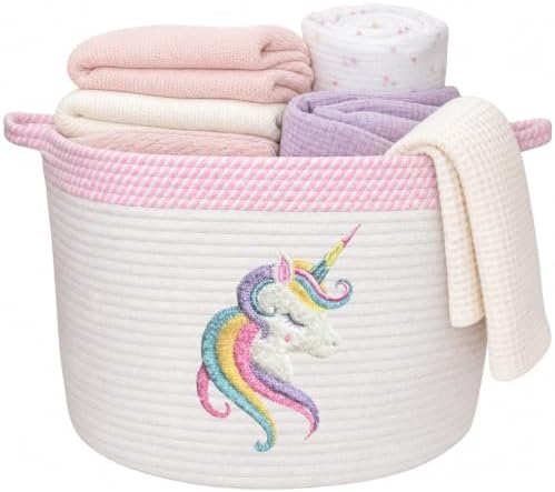 Unicorn Baby Storage Basket, Woven Cotton Rope Nursery Bin, 15x11 in | Stuffed Animal and Blanket Storage, Soft Felt Unicorn Patch, Baby Girl Room Decor, Shower Gift, Kids Playroom Organizer