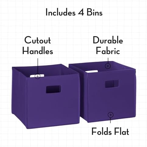 RiverRidge Folding Storage Bins - 4-pack of 10in Tall Dark Purple Cubes | Fabric Bins, Set of 4 Storage Cubes, Cut-out Handles, Playroom Closet Organizer, Collapsible Cubby with Bottom Board Insert