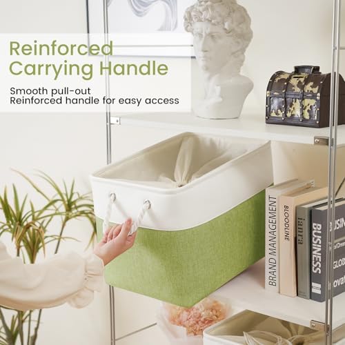 16x12x12 In Foldable Fabric Large Storage Bins with Handle 3 Pack | Storage Basket with Draw String Top, Sturdy Metal Strand, Cardboard Support Molding, for Shelf, Closet, Bedroom, White/Green