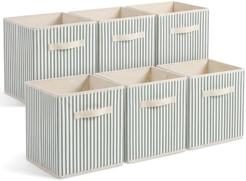 Amyhill 6 Pack Green Striped Basics Collapsible Fabric Storage Bins | with Handles, Foldable Storage Cubes, 11 Inch, Closet Decorative Organizer, Baskets for Shelves Units, Home, Dorm