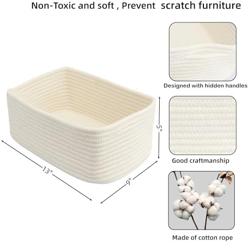 XUANGUO Small Woven Storage Baskets for Shelves, 13" x 9" x 5", White | Decorative rope storage bins for closets and toy storage; cute organizer baskets, empty gift baskets and nursery storage.
